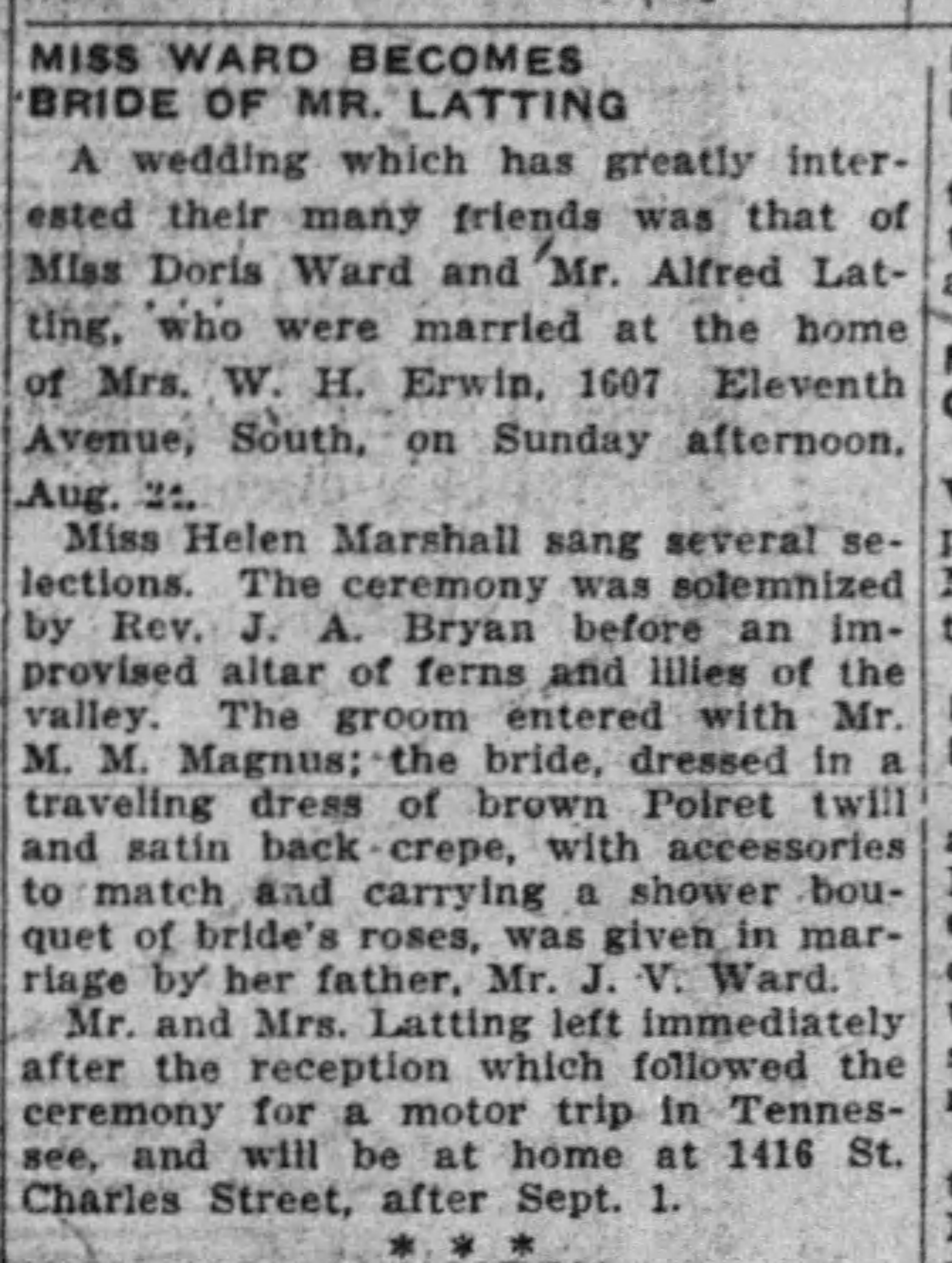 Miss Ward Becomes Bride of Mr. Latting